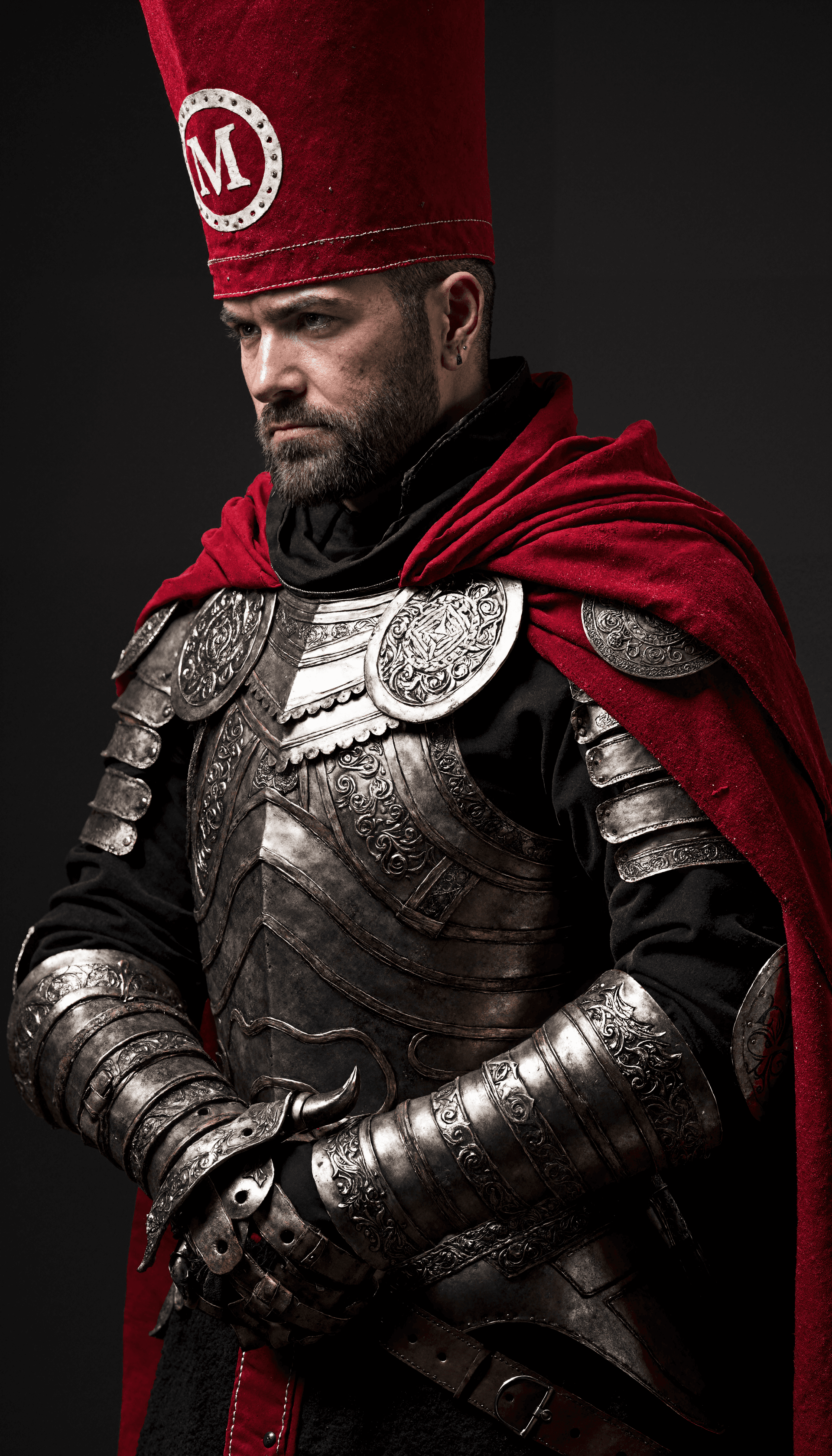 AI generated: A hyper-realistic, cinematic close-up portrait of a fantasy warrior clad in elaborate medieval-style...