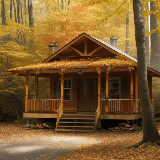 AI generated: a caban in the wood with brown, yellow and red leaves on the ground, surrounded by big trees like ma...