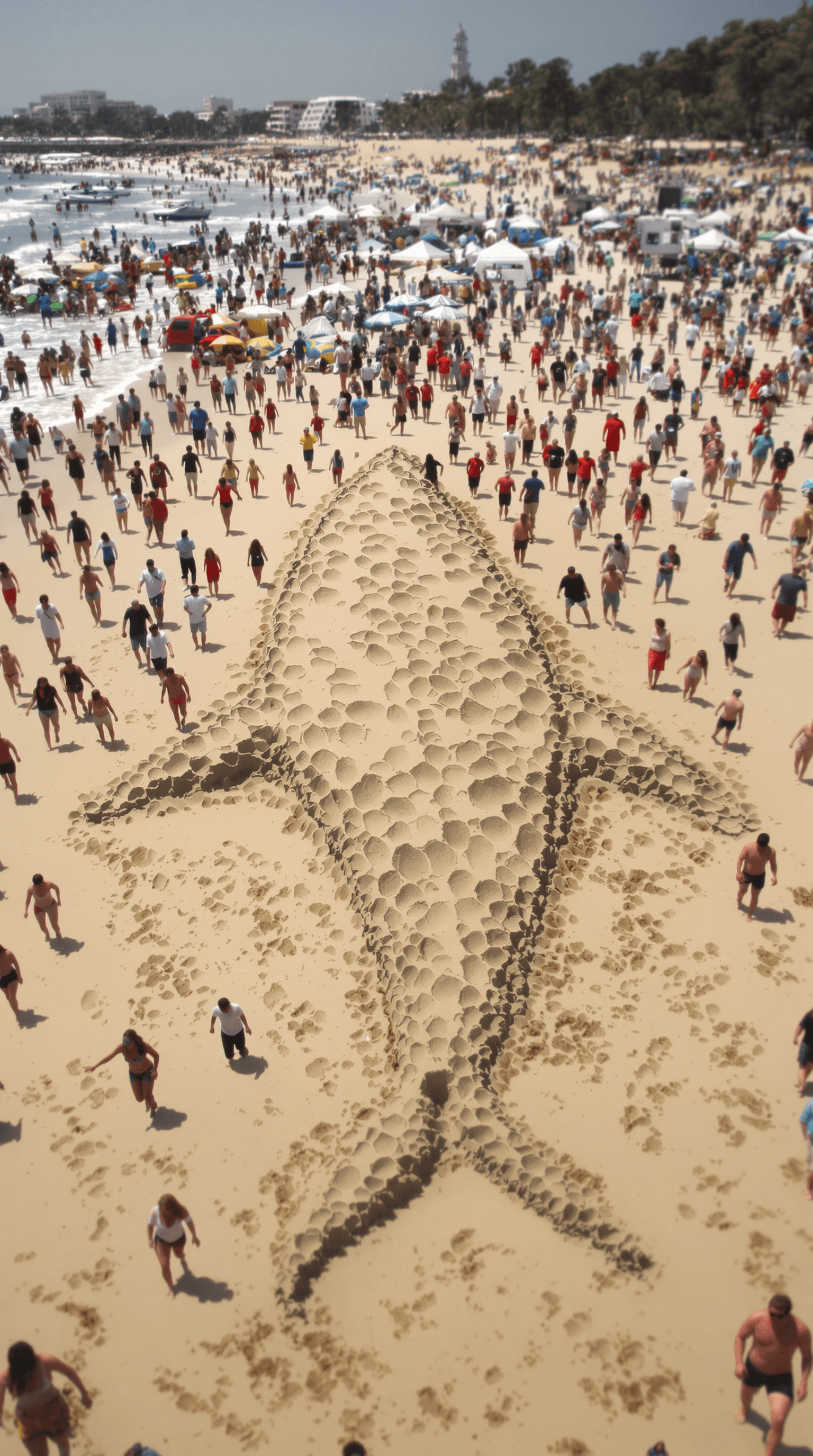 AI generated: Pointilism,ultrarealistic sands forming a shark on a beach full of people,people are scared,running,...