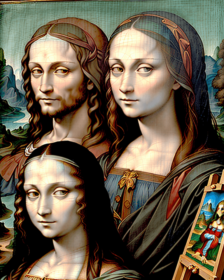 AI generated: Side view Leonardo da Vinci style  portrait of only two:  Michelangelo and Mona Lisa standing in fro...