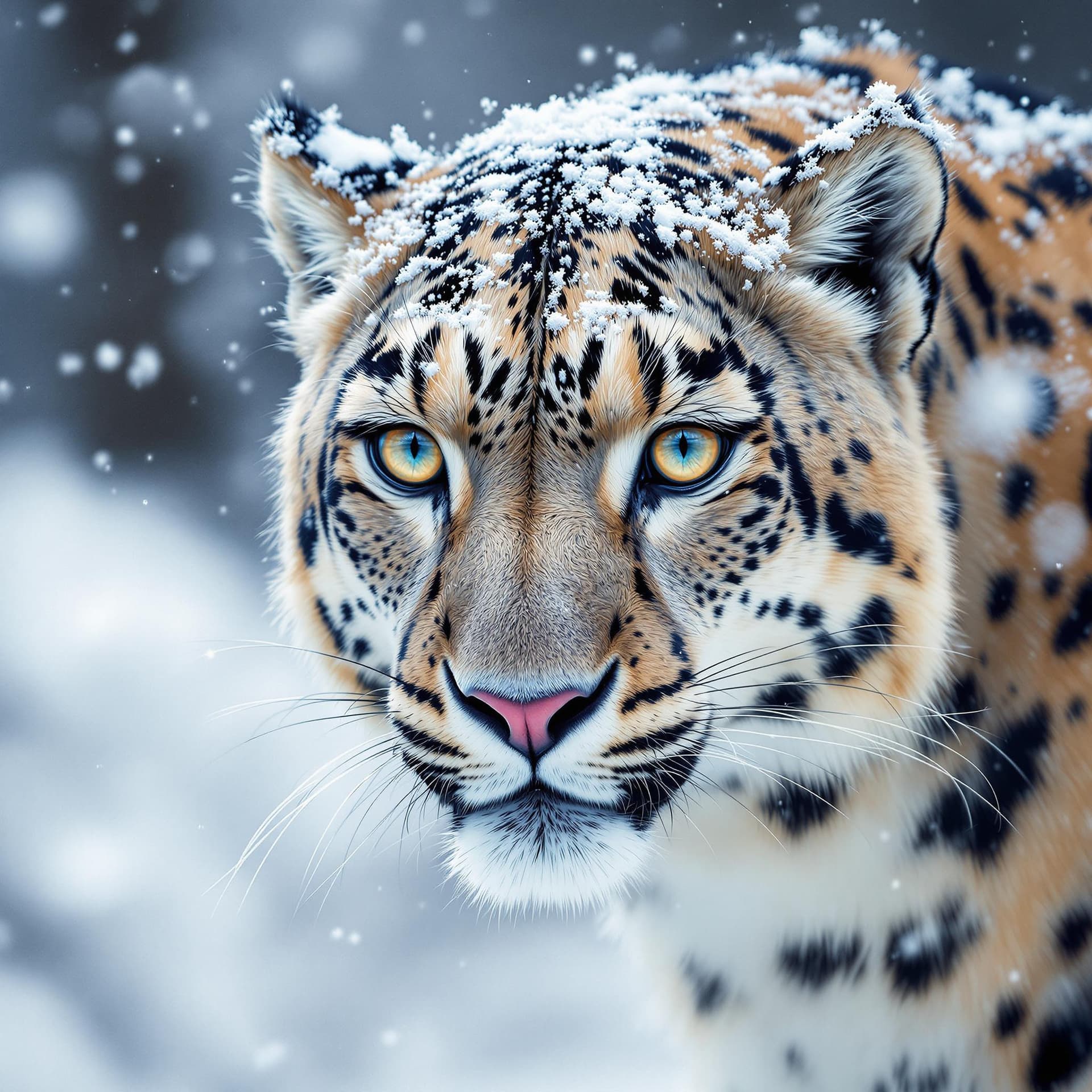 AI generated: a close up of a snow leopard in the snow, a photorealistic painting by Peter Snow, shutterstock cont...