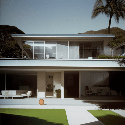 AI generated: Hyper realistic eye level exterior photo of a mid century modern style house overlooking the ocean, ...