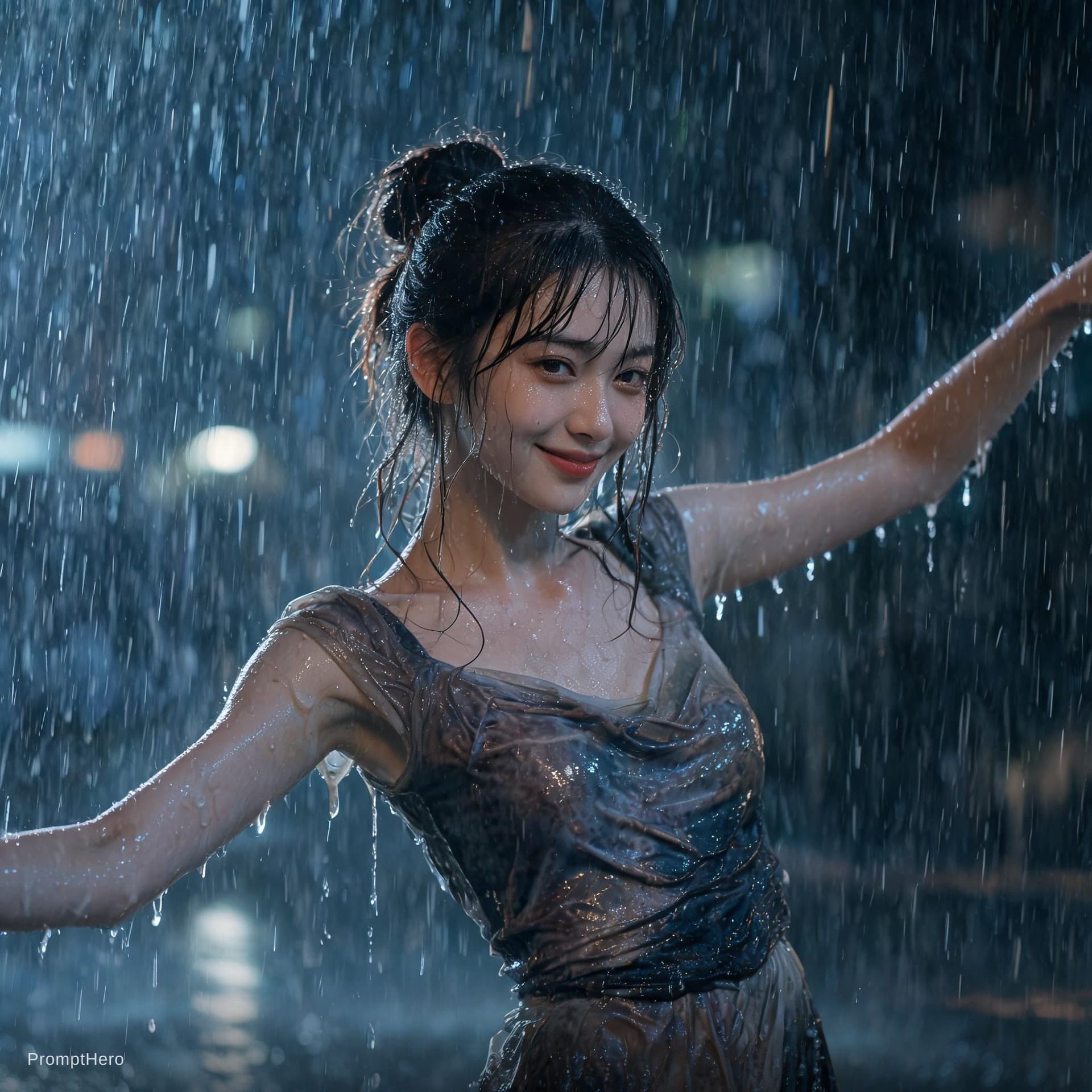 AI generated: Dancing in heavy rain, A beautiful lady, face and body are wet, messy bun hair 32k UHD, highly detai...