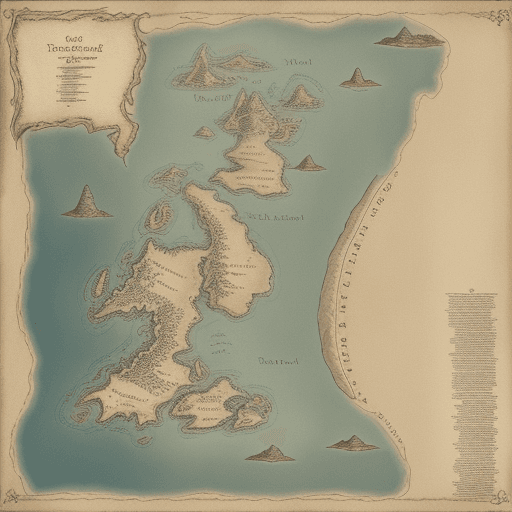 AI generated: Fantasy map, one large country and three smaller islands to the east. In the style of lord of the ri...