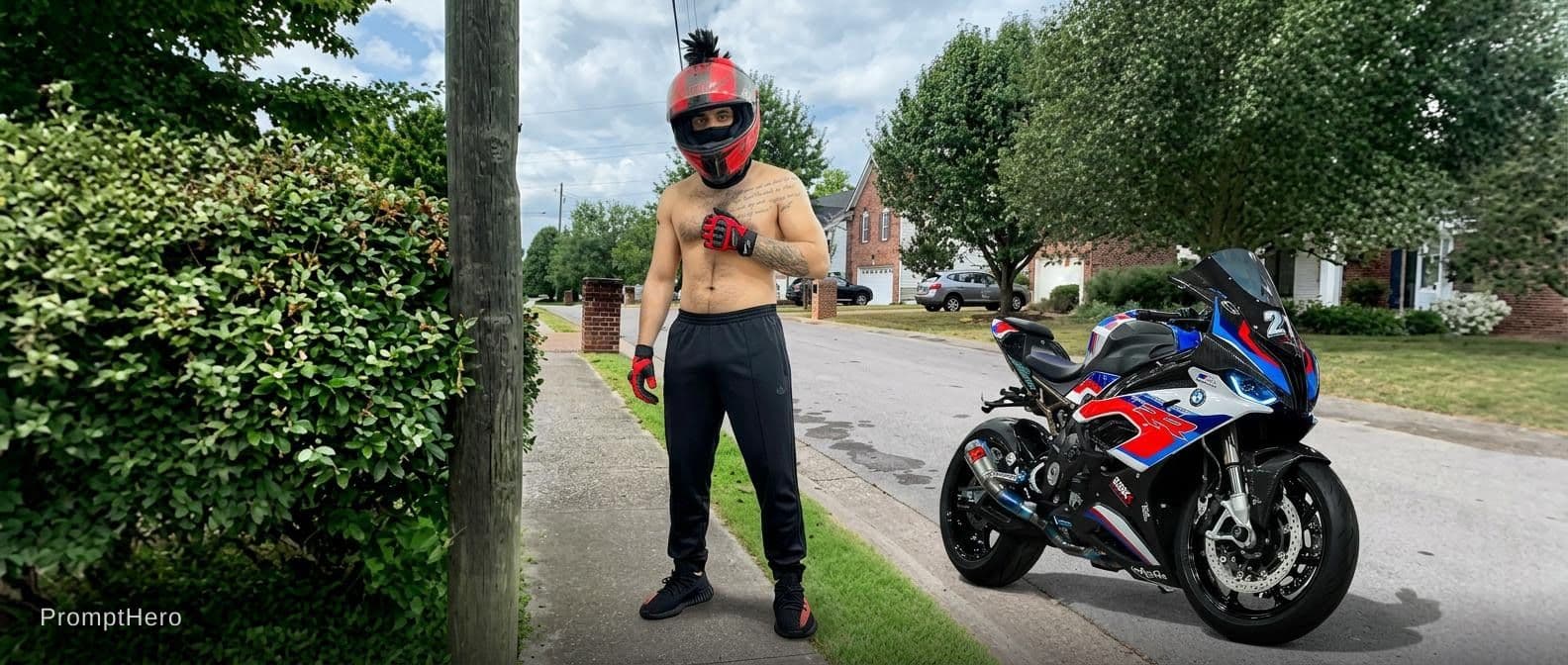 AI generated: Add me standing in uploaded street beside uploaded bike