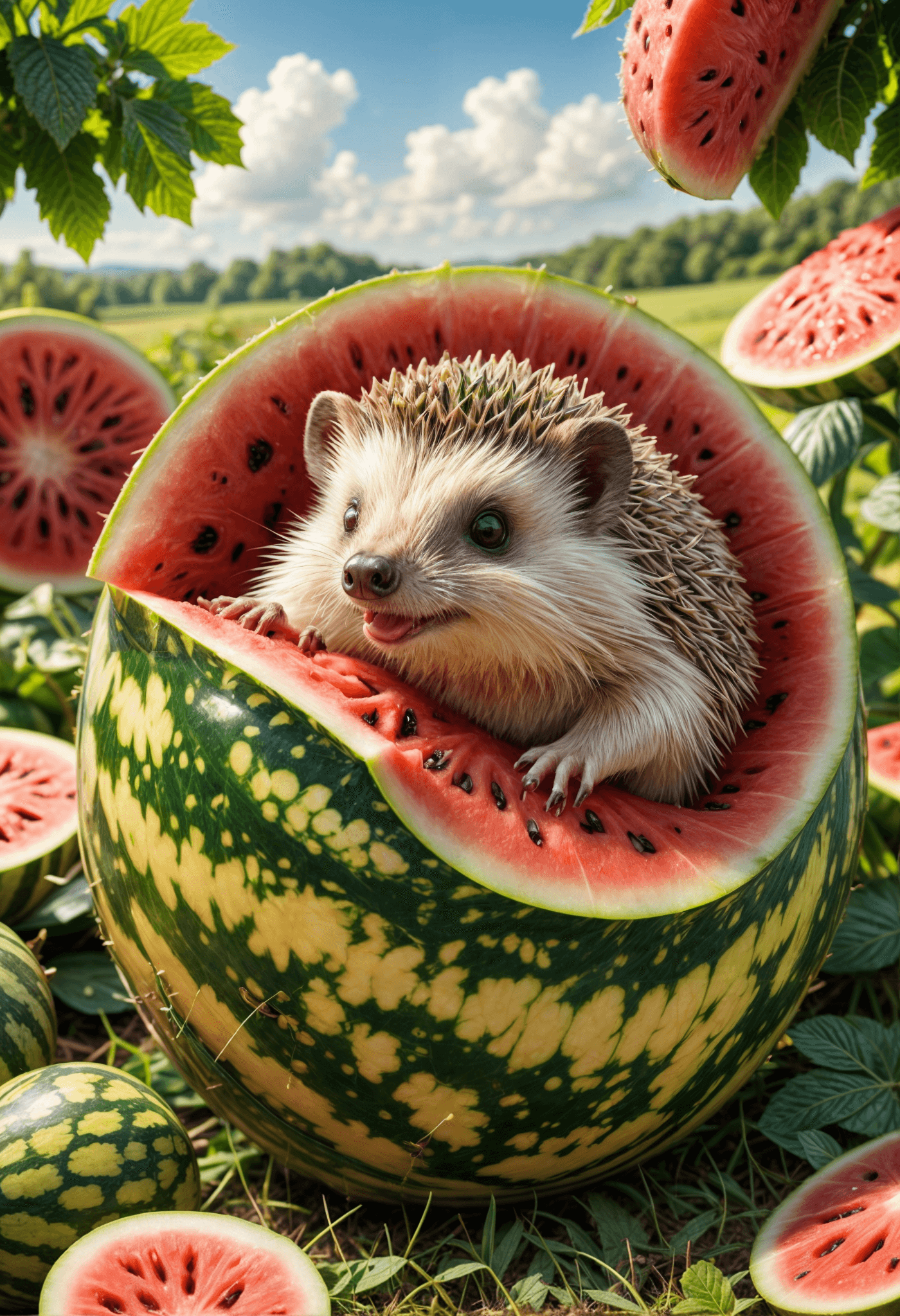 AI generated:  photorealistic image of a hedgehog that has burrowed into a watermelon, happily eating the juicy fr...