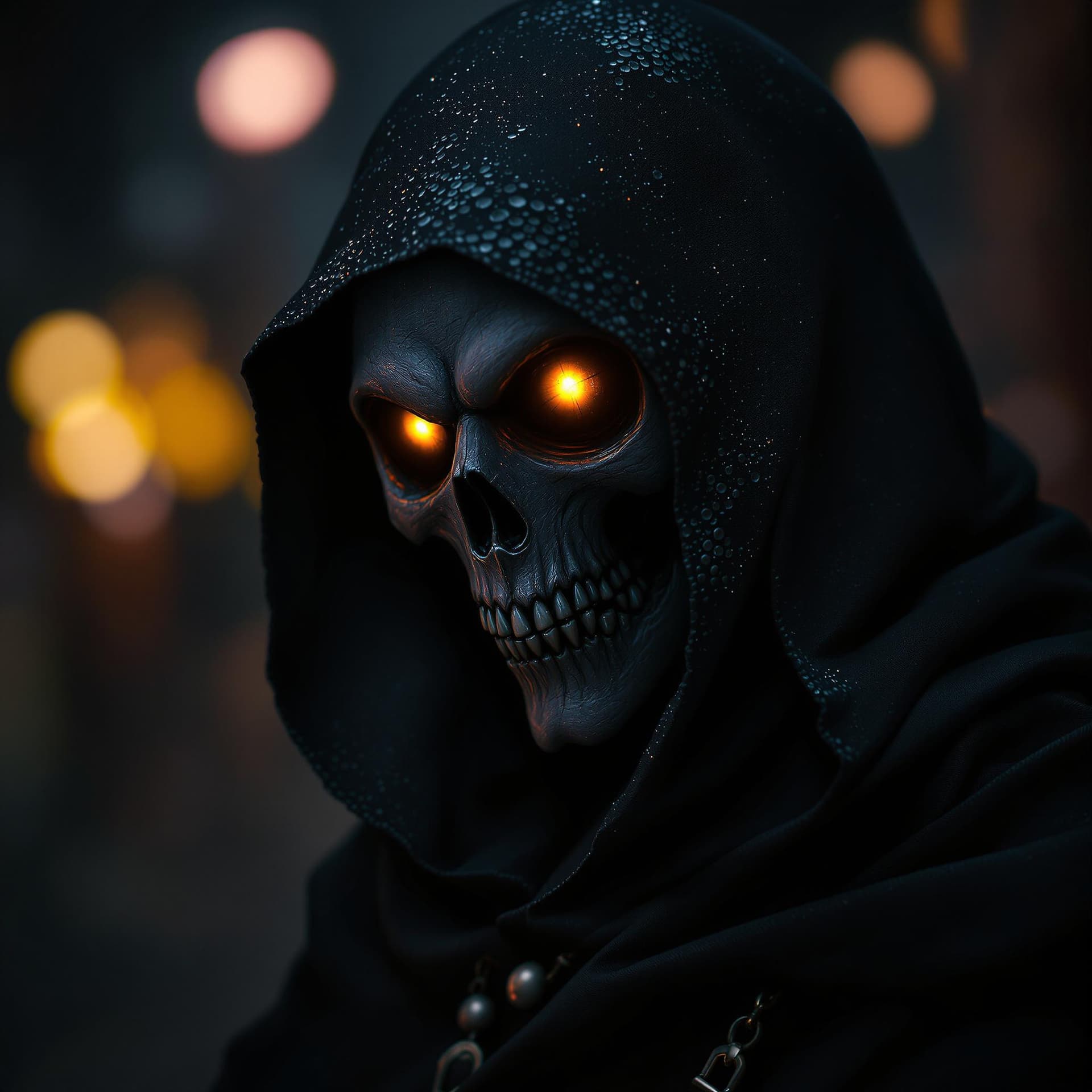 AI generated: surrealistic plague doctor creature with glowing eyes, wearing black cloak, Bokeh effect