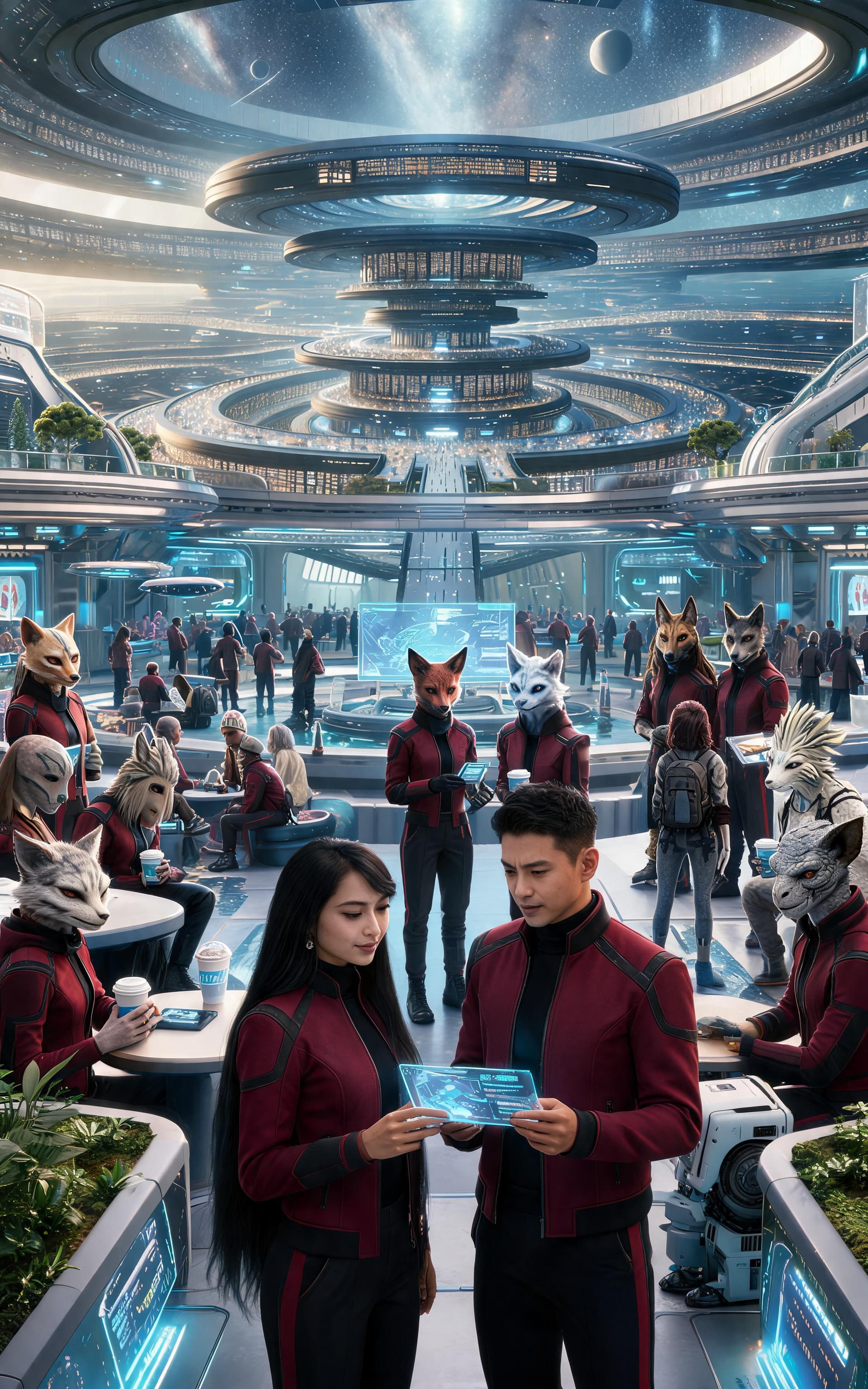 AI generated: Create a highly cinematic, ultra-realistic scene depicting everyday life inside the Galaxial Vora'di...