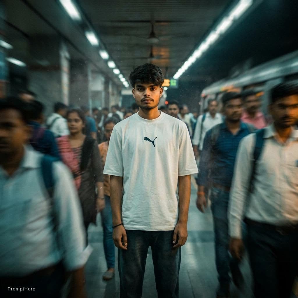 AI generated: Cinematic editorial portrait of a young man in her early twenties standing motionless at the
center ...