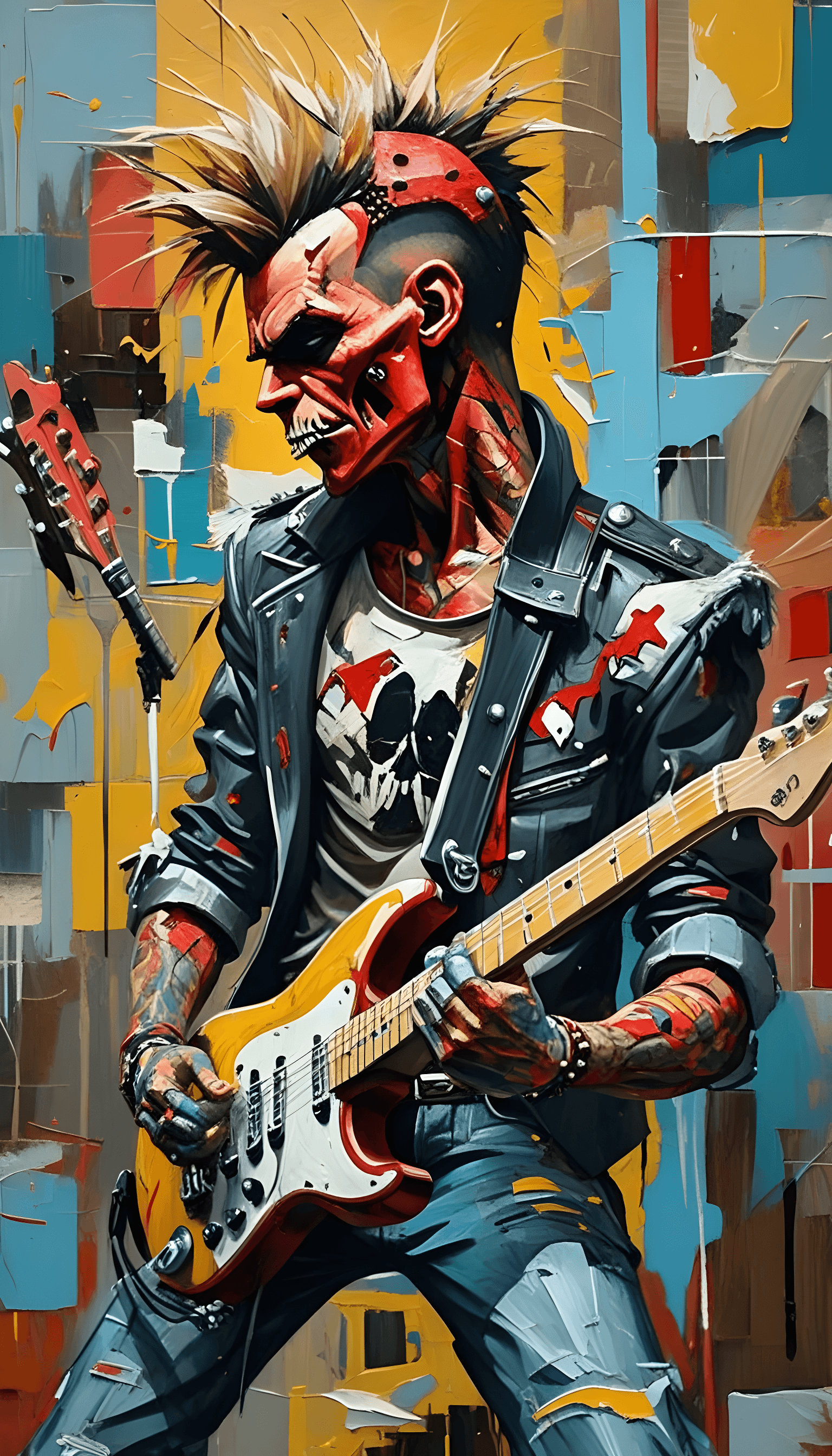 AI generated: Punk guitarist Oil painting, Contemporary, High texture impasto technique, Vibrant colors.