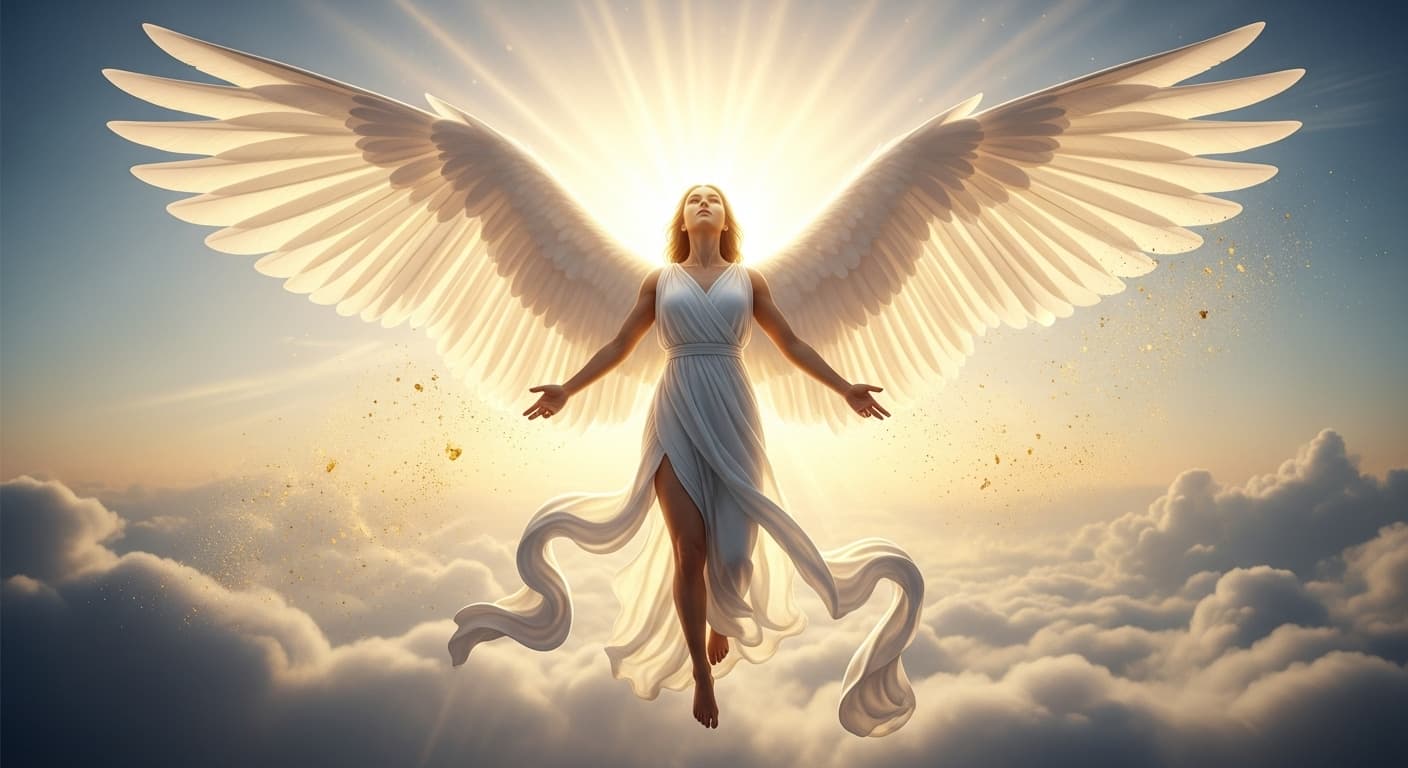 AI generated: A divine figure descends through clouds awash in radiant gold and silver light, wings unfurled in an...