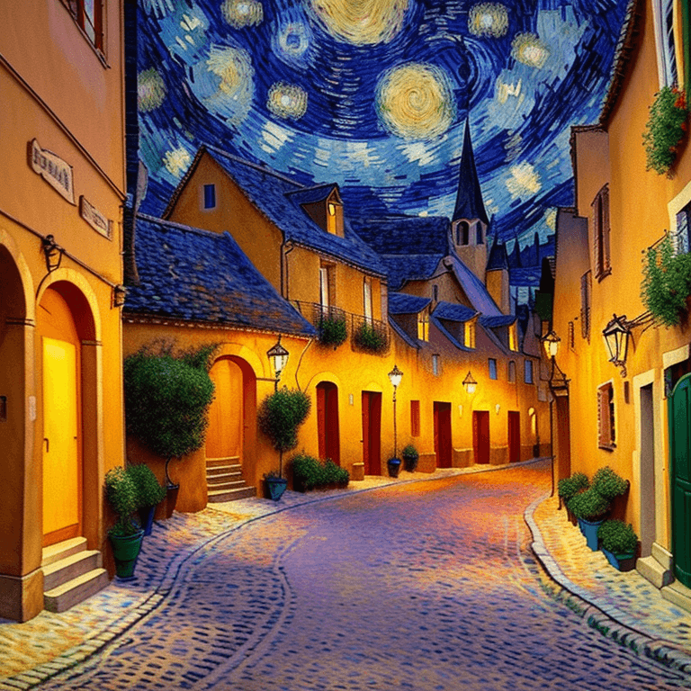 AI generated: The imaginative street in Old French town during sunset in Van Gogh style. Vivid van Gogh brush stro...