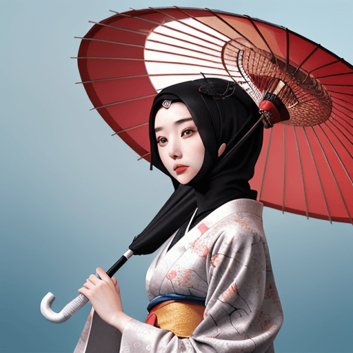 AI generated: a japanese girl wearing hijab, with an umbrella android app, in the style of geisha portraiture, hyp...