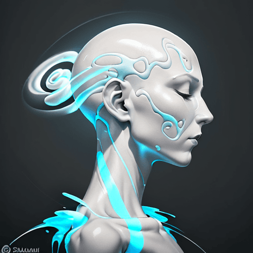AI generated: a dreamlike, high-contrast, vibrant, flat-side-profile view of a glowing, bald, genderless, humanoid...