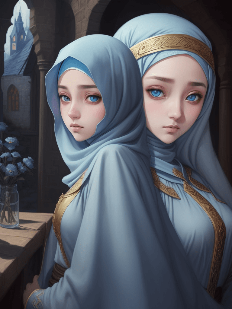 AI generated: close portrait ofl muslim girls, hijab, masterpiece robe,mage girl, light blue hijab, drill hijab, b...