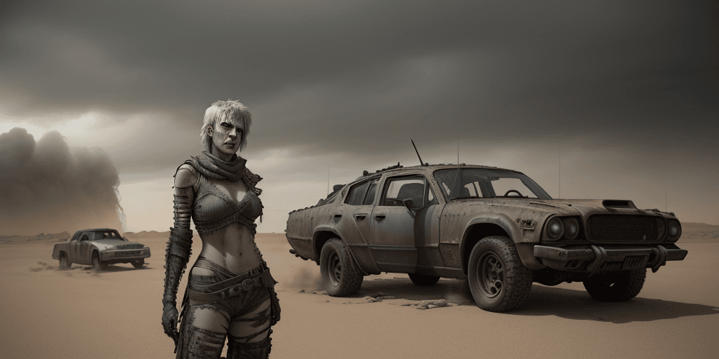 AI generated: mad max woman, photo realistic, post apocalypt, a detailed matte painting by Jerry Eisenberg, presen...
