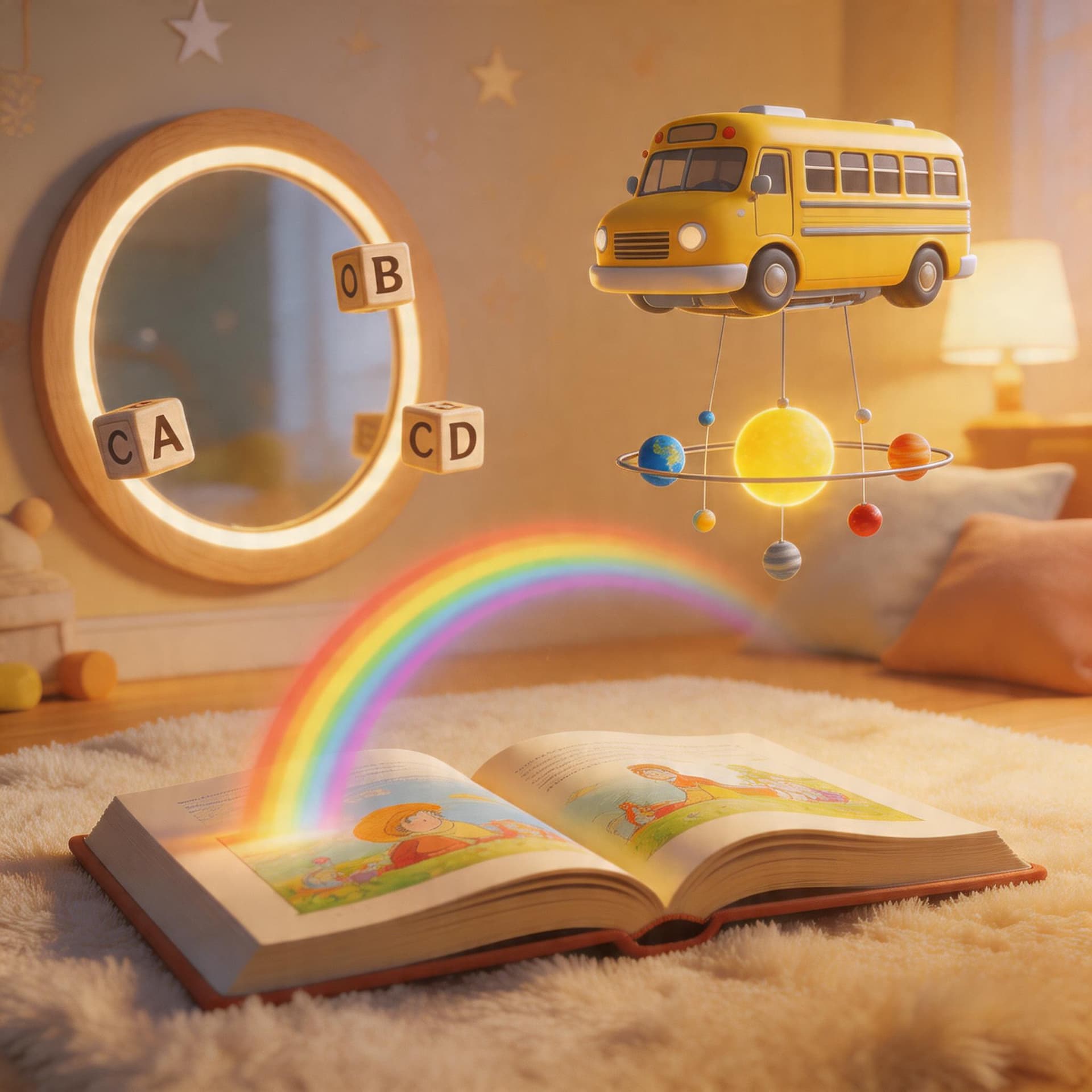 AI generated: A warmly lit dreamlike childhood room or abstract memory space containing:

A glowing rainbow arc ov...