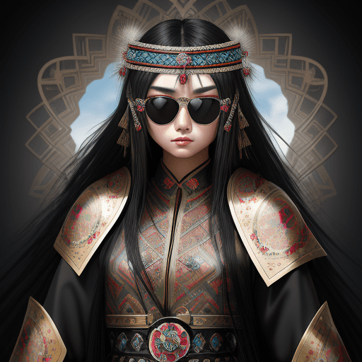 AI generated: kazakh beauty girl. black long hair. traditional clothes. line eyes. Turkish style. sunglasses refle...