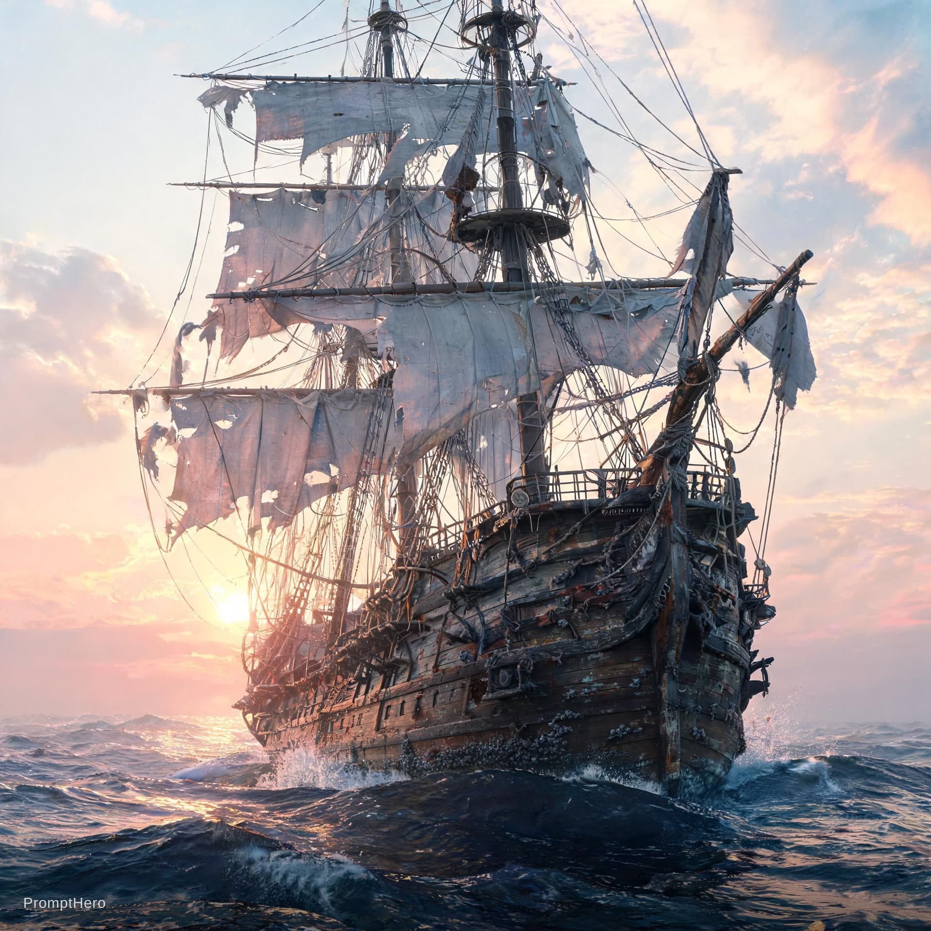 AI generated: photo of a ultra realistic sailing ship, dramatic light, pale sunrise, cinematic lighting, battered,...