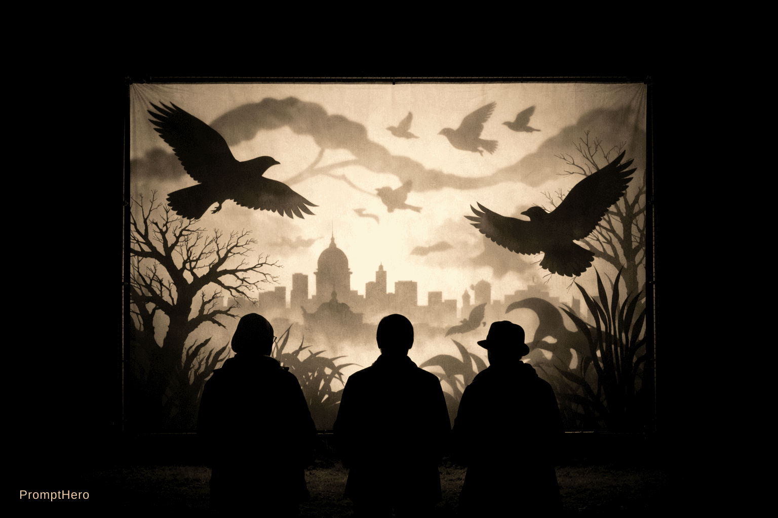 AI generated: A straight-on photograph of a large illuminated shadow puppet installation in a public space at nigh...