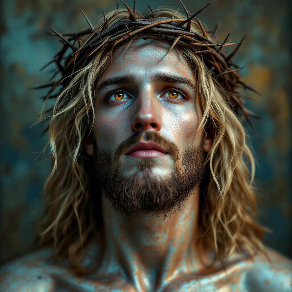 AI generated: front direct view portrait of blond jesus christ head with crown of thorns, brown eyes, metalic skin...