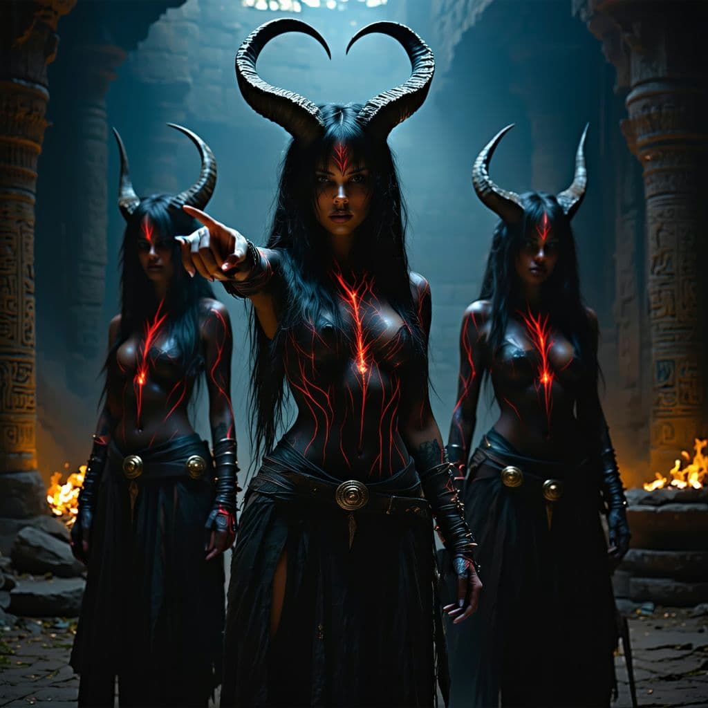 AI generated: Hyper realistic eye level exterior photo Rock music concert.  cinematic photo of three female demon ...