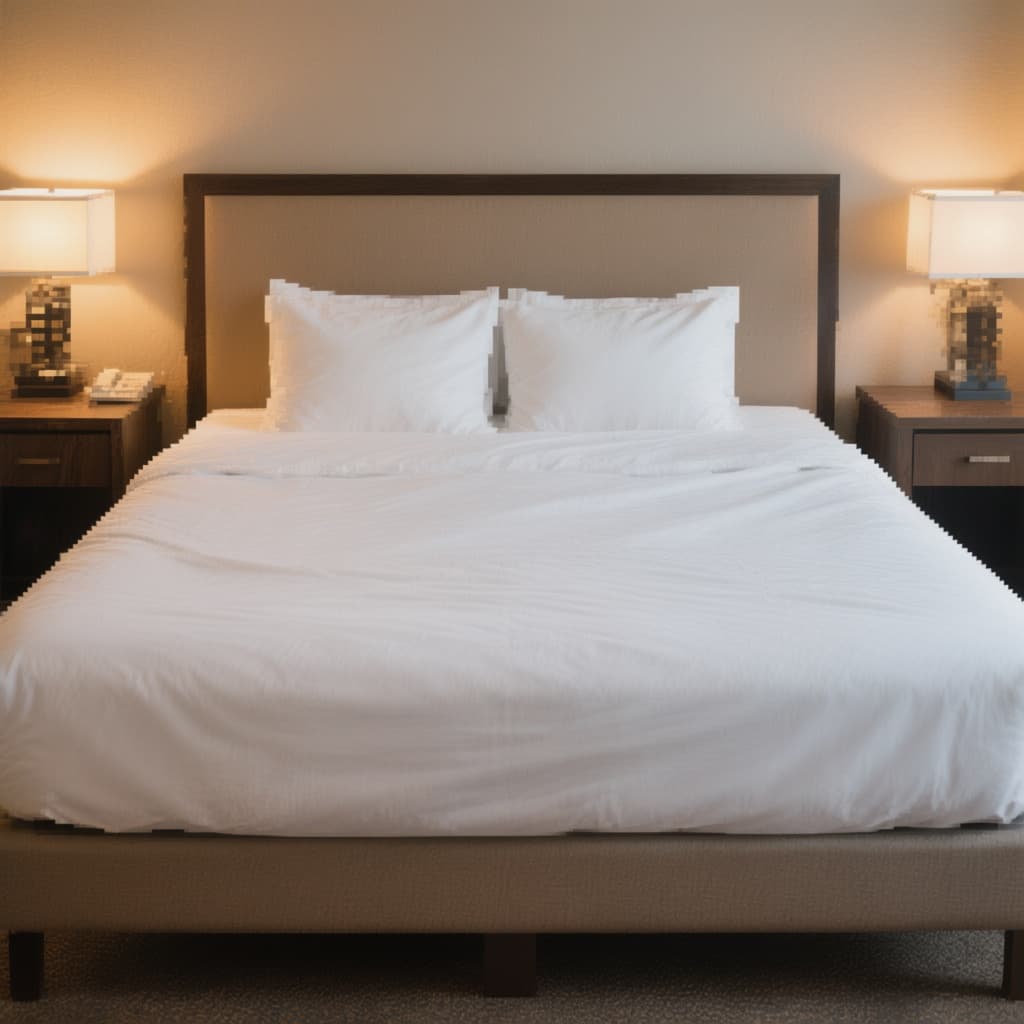 AI generated: Take a photo of a hotel bed where the bed is clearly visible. Make sure there are linens on the bed ...