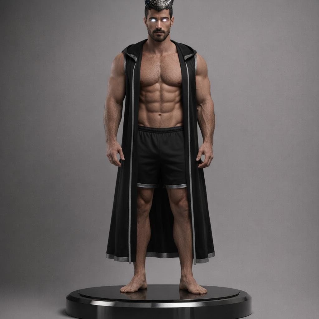 AI generated: Create a tall man with a pair of devil horns on his head with one being chrome black and the other b...