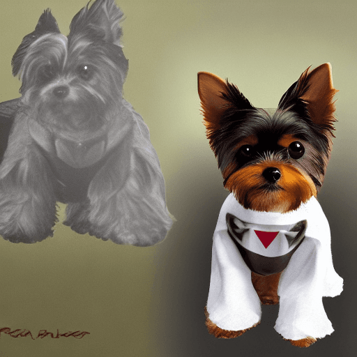 AI generated: there is a small yorkshire terrier dog, black and brown color that is standing, small dog, big and d...