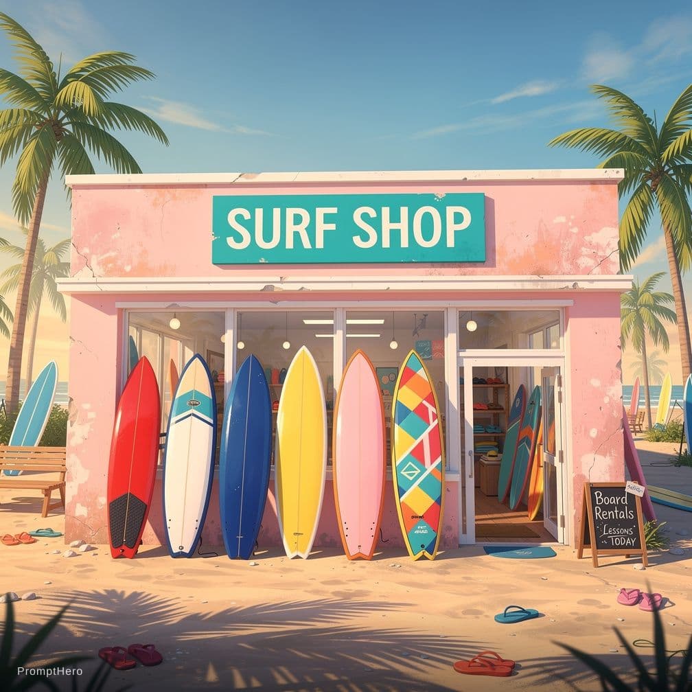 AI generated: "A pastel pink beachside shop with a turquoise sign, seven colorful surfboards lined up outside in r...