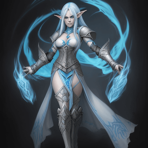 AI generated: Full body portrait of game character, woman sorcerer half-elf elegant, angry face with blue and whit...