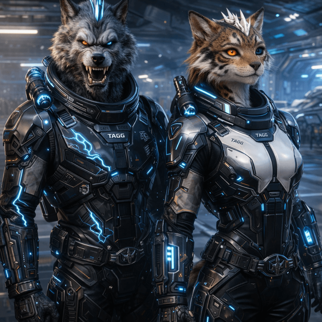 AI generated: Using the reference images one and two. Create Space Combat suits for the characters in images three...