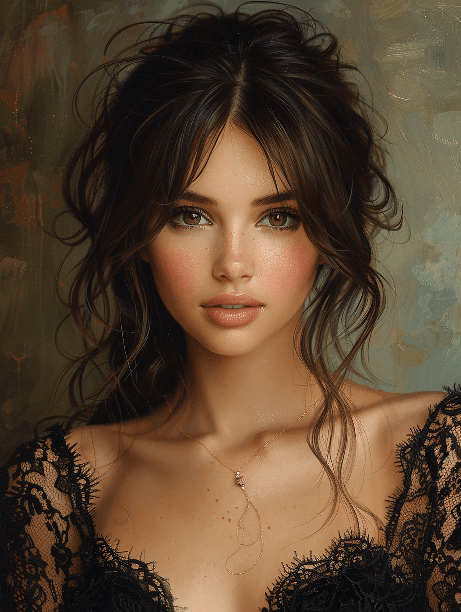 AI generated: beautiful girl in black lace dress, brown hair, brown eyes, oil painting style --ar 73:97 --stylize ...