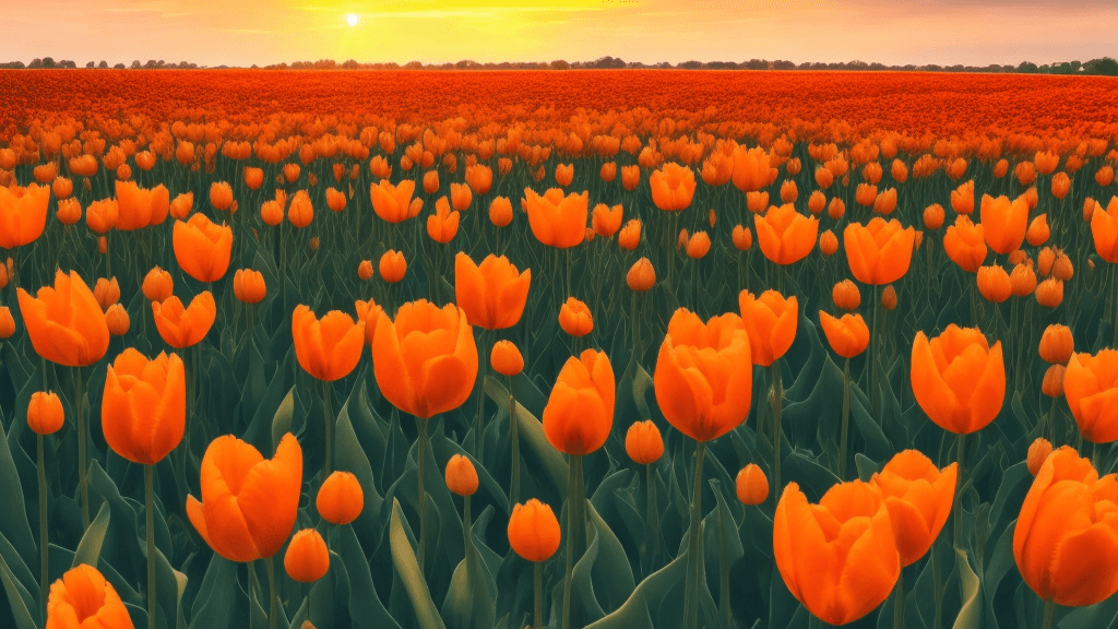AI generated: Photo of a ultra realistic field of orange tulip flower, pale sunset, 8k, extreme details, cinematic...