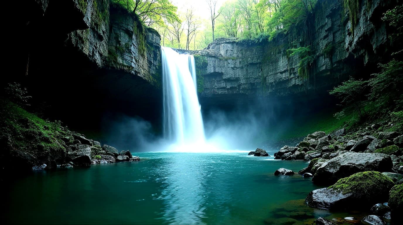 AI generated: A breathtaking waterfall cascading down rugged cliffs, surrounded by lush greenery and mist rising f...