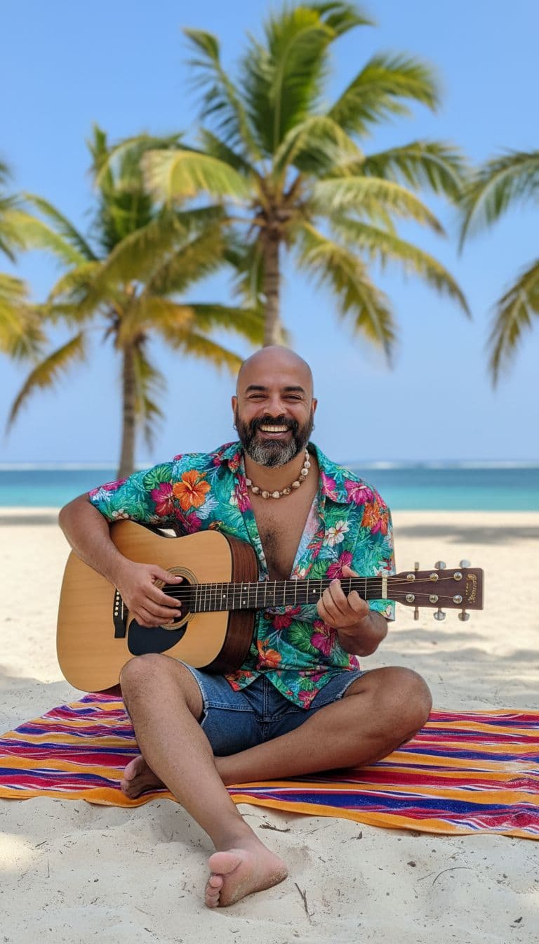 AI generated: (Chilled-out Musician):
Subject: A joyful late-20s man. Clothing: Loose, open-collared Hawaiian shi...