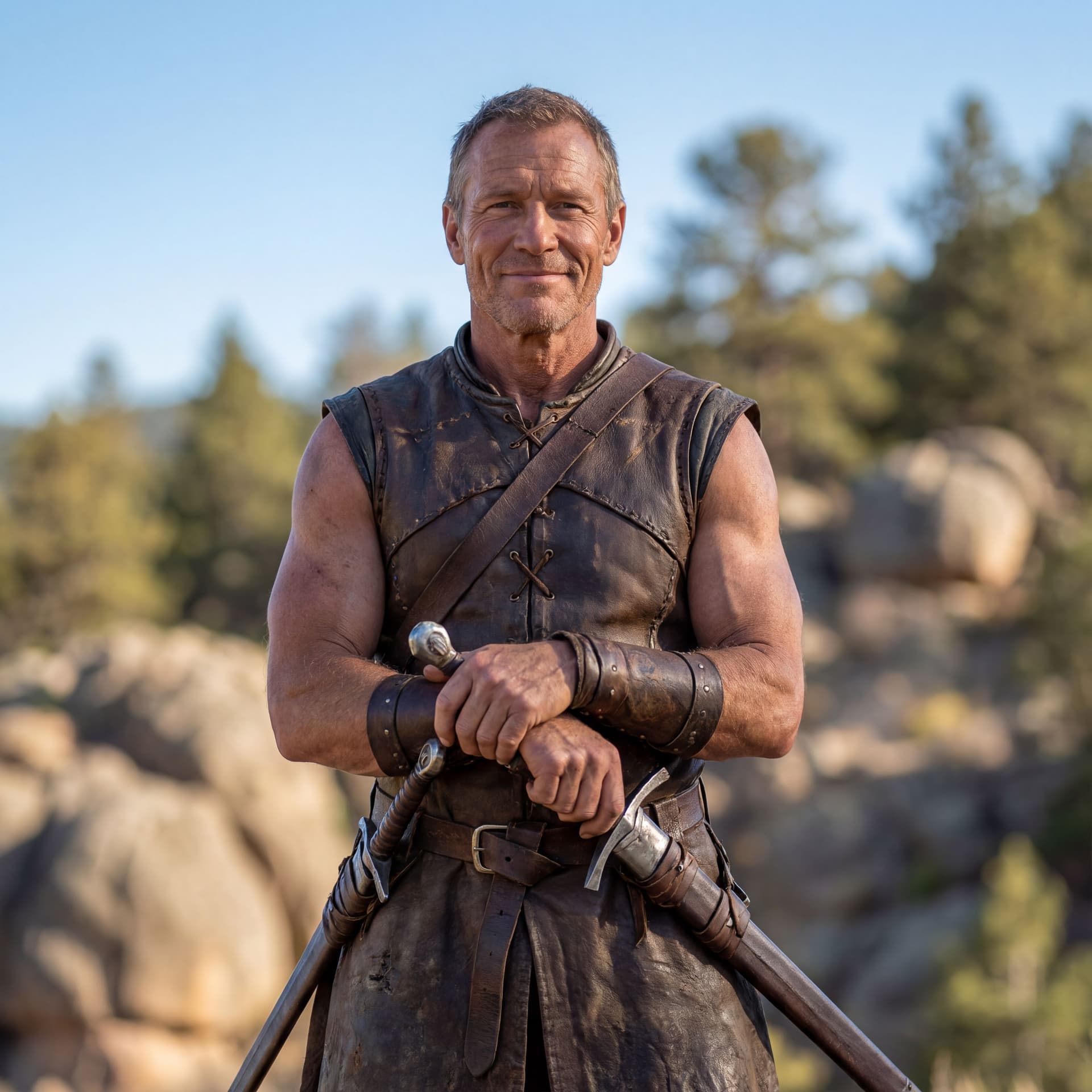 AI generated: Hyper-Realistic natural picture of a muscular human Warrior  with 2 swords cross hands with the natu...