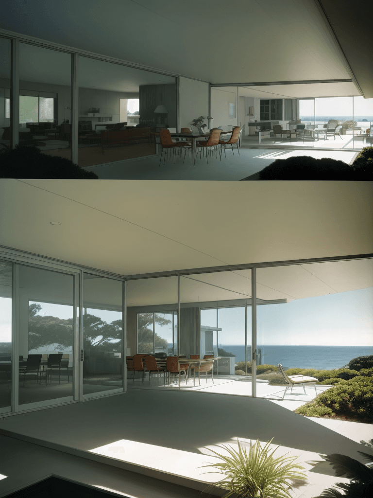 AI generated: Hyper realistic eye level exterior photo of a mid century modern style house overlooking the ocean, ...