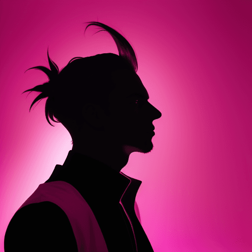 AI generated: photography, portrait of contrast, profile silhouette of a man, vibrant hot pink backdrop, visualize...
