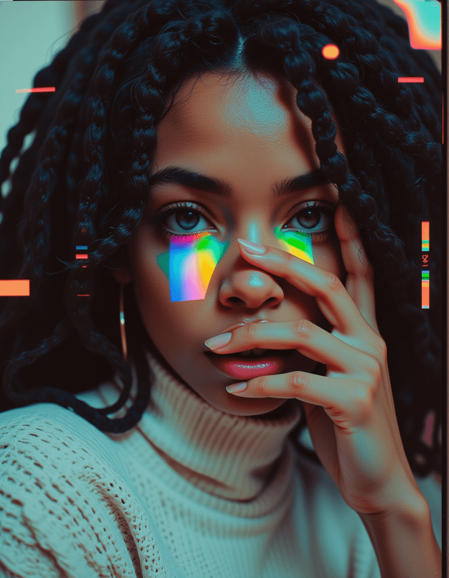 AI generated: ebony girl, with dread locks, Subject: The primary focus is the woman's face, specifically her eyes,...