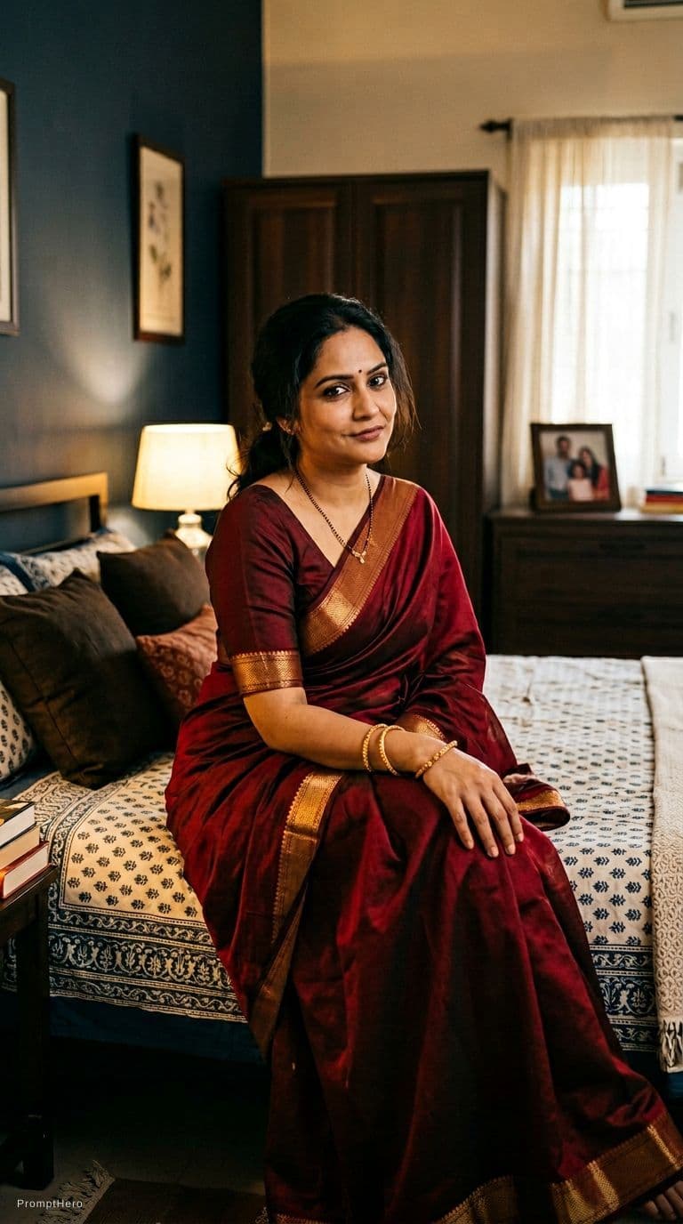 AI generated: Hot sexy indian aunty seductive in saree in bedroom 