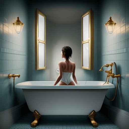 AI generated: A detailed digital illustration in the style of Dimitry Roulland, featuring a woman in a bathtub, fa...