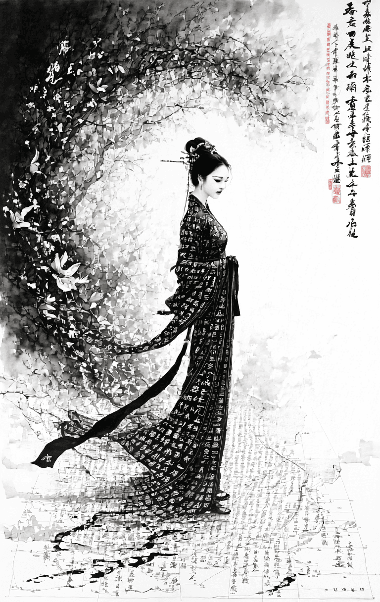 AI generated: Black and white concept art, calligraphy.
Foreground: A beautiful Chinese woman in a robe made of d...