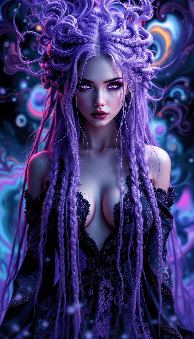 AI generated: A mysterious woman with long, violet hair, styled with intricate braids that seem to shift and chang...