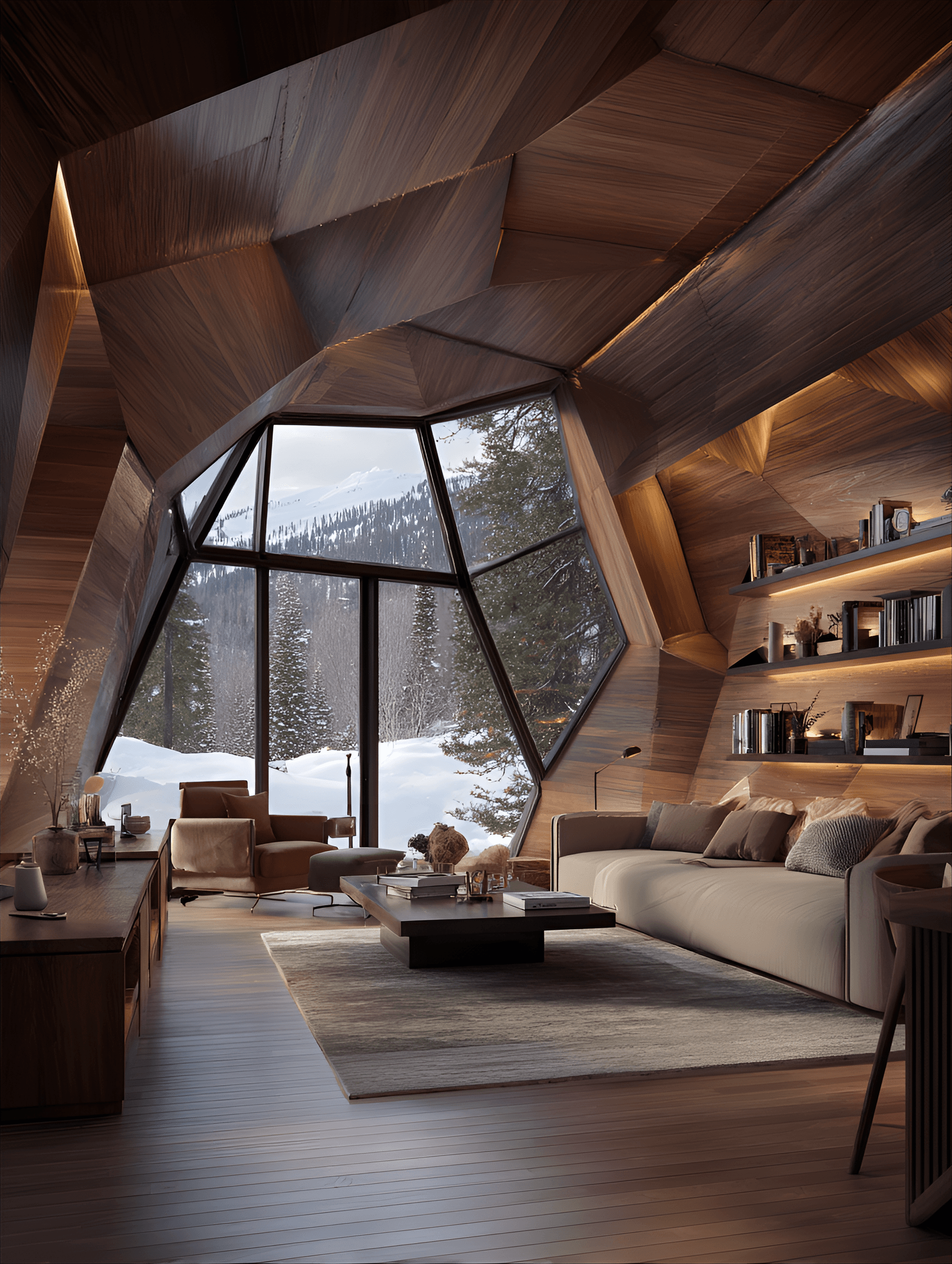 AI generated: high-tech wooden cabin with a geometric design, incorporating sustainable materials, smart
home tec...