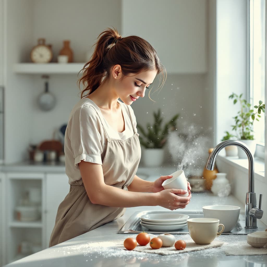 AI generated: Create a  picture of a woman washing dishes in her kitchen sink.