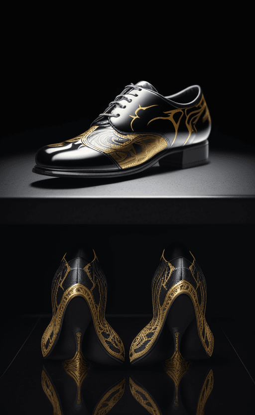 AI generated: Shoes on the table with the design and character of Venom The Shoes is gold and Black dark, no water...