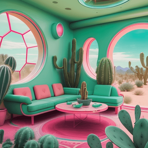 AI generated: cactus plants and a couch in a desert setting with a round window, futuristic in the desert, googie ...