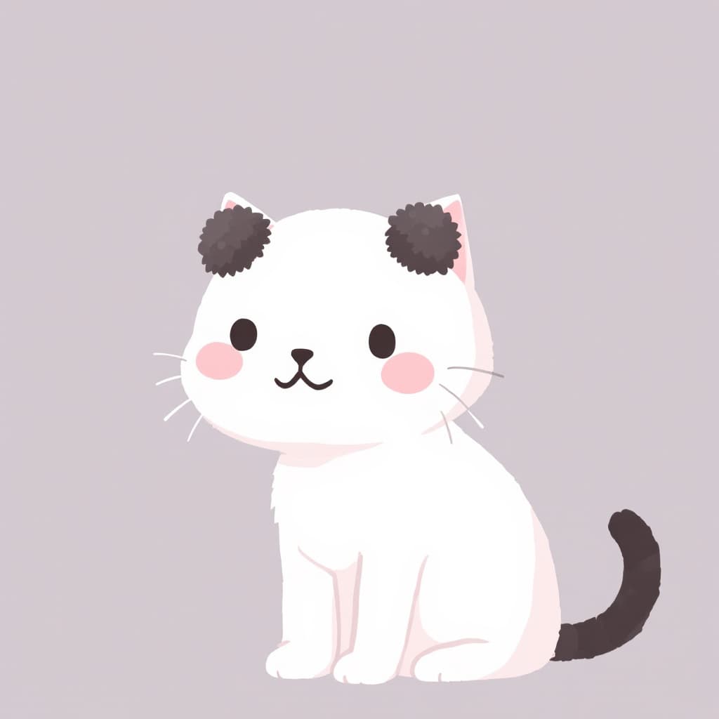 AI generated: A cute Q-version white cat, with two black fur balls in the middle of its ears, and a black tail.