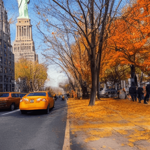 AI generated: A detailed street view of New York during fall, sidewalk lined with golden trees, people dressed in ...